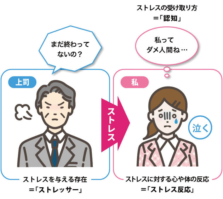 ストレス構成要素

ストレスの受け取り方＝認知
ストレスを与える存在＝ストレッサー
ストレスに対する心や体の反応＝ストレス反応