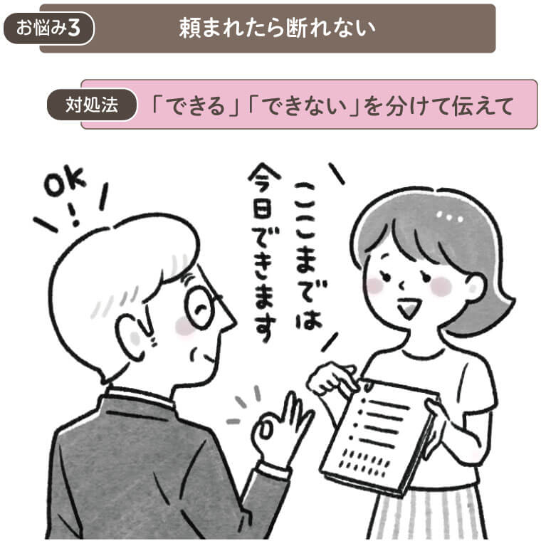 お悩み３　頼まれたら断れない
解決法　「できる」「できない」を分けて伝えて