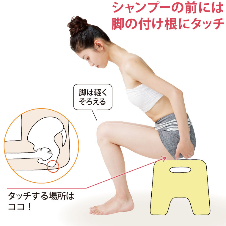シャンプーの前には、脚の付け根にタッチ