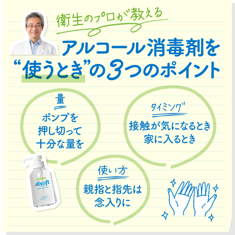 アルコール消毒剤を使うときの３つのポイント