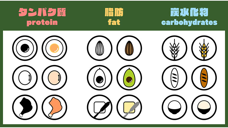 たんぱく質、脂質、炭水化物