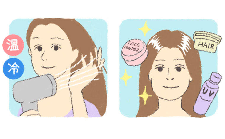 ドライヤーとヘアケアをしている女性のイラスト