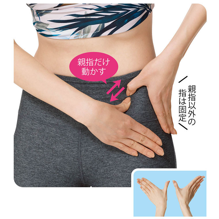 骨盤の横の骨の内側を親指でしごく