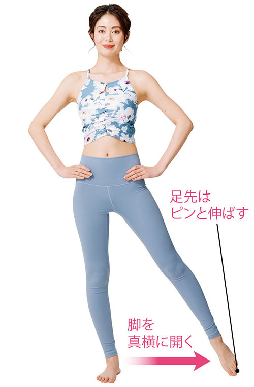 左脚を真横に開き、つま先を立てる