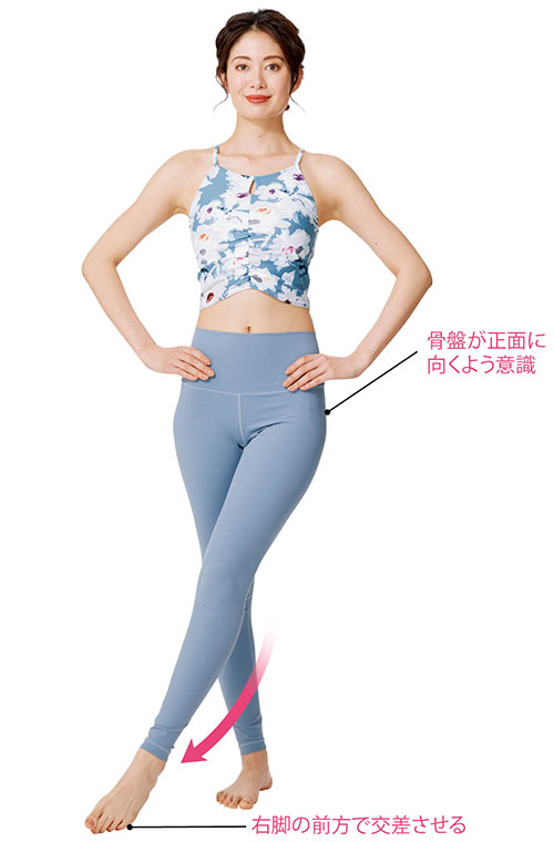 左脚を交差させつま先を立てる